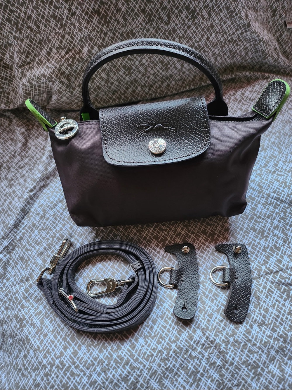 LC Mini crossbody in espresso with Green Trim on the side (unbranded)